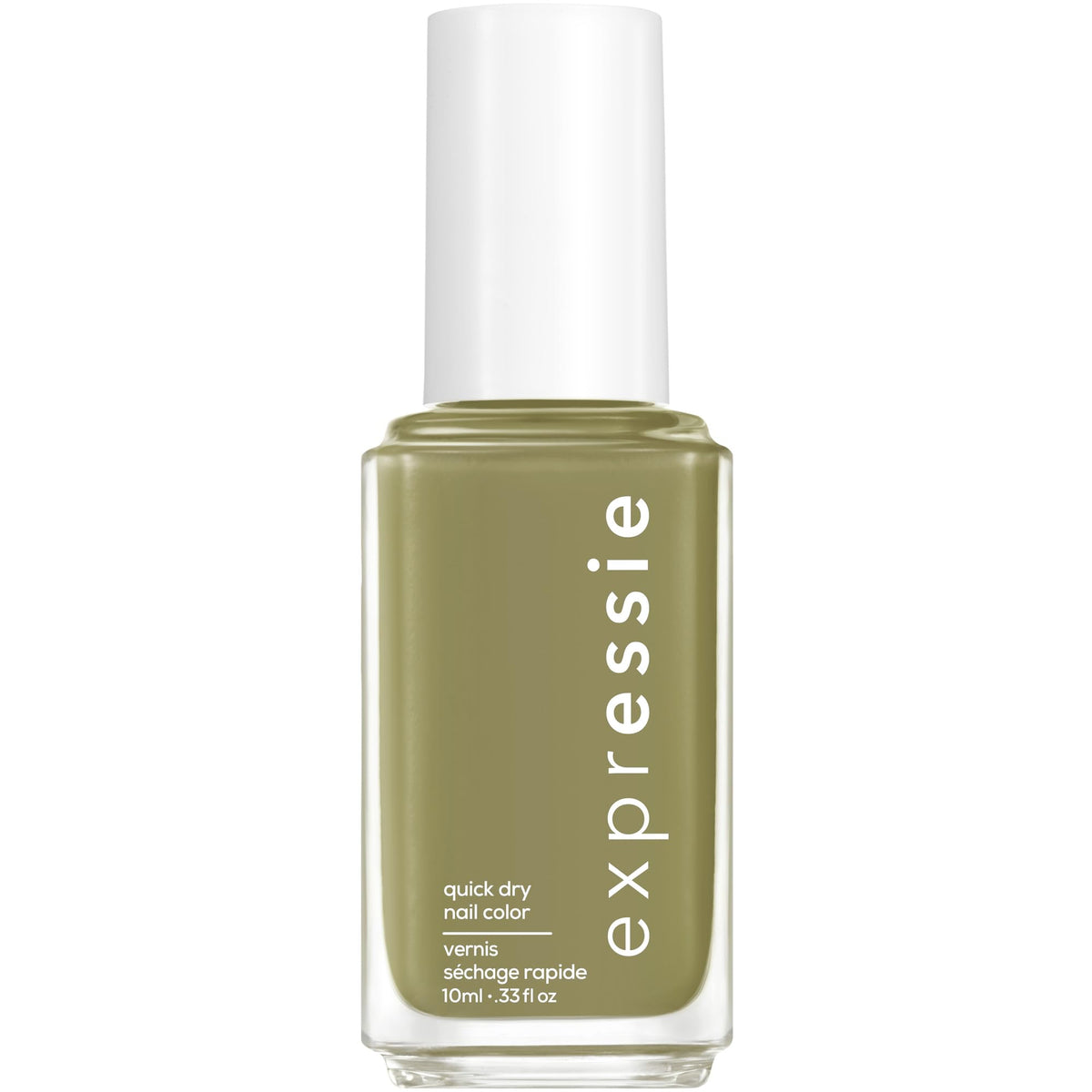 essie bottle front view showing olive green shade and quick-dry benefit