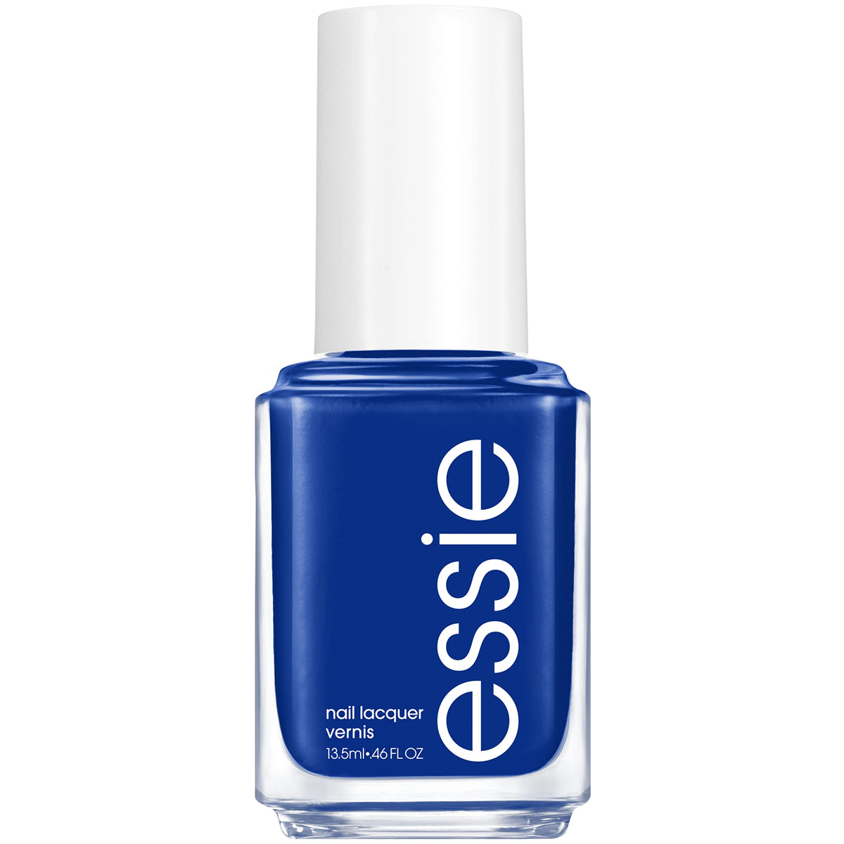 essie bottle front view showing glossy blue polish and clear label for salon finish