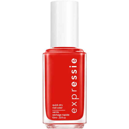 essie front bottle showing red cream polish and label, instant color payoff