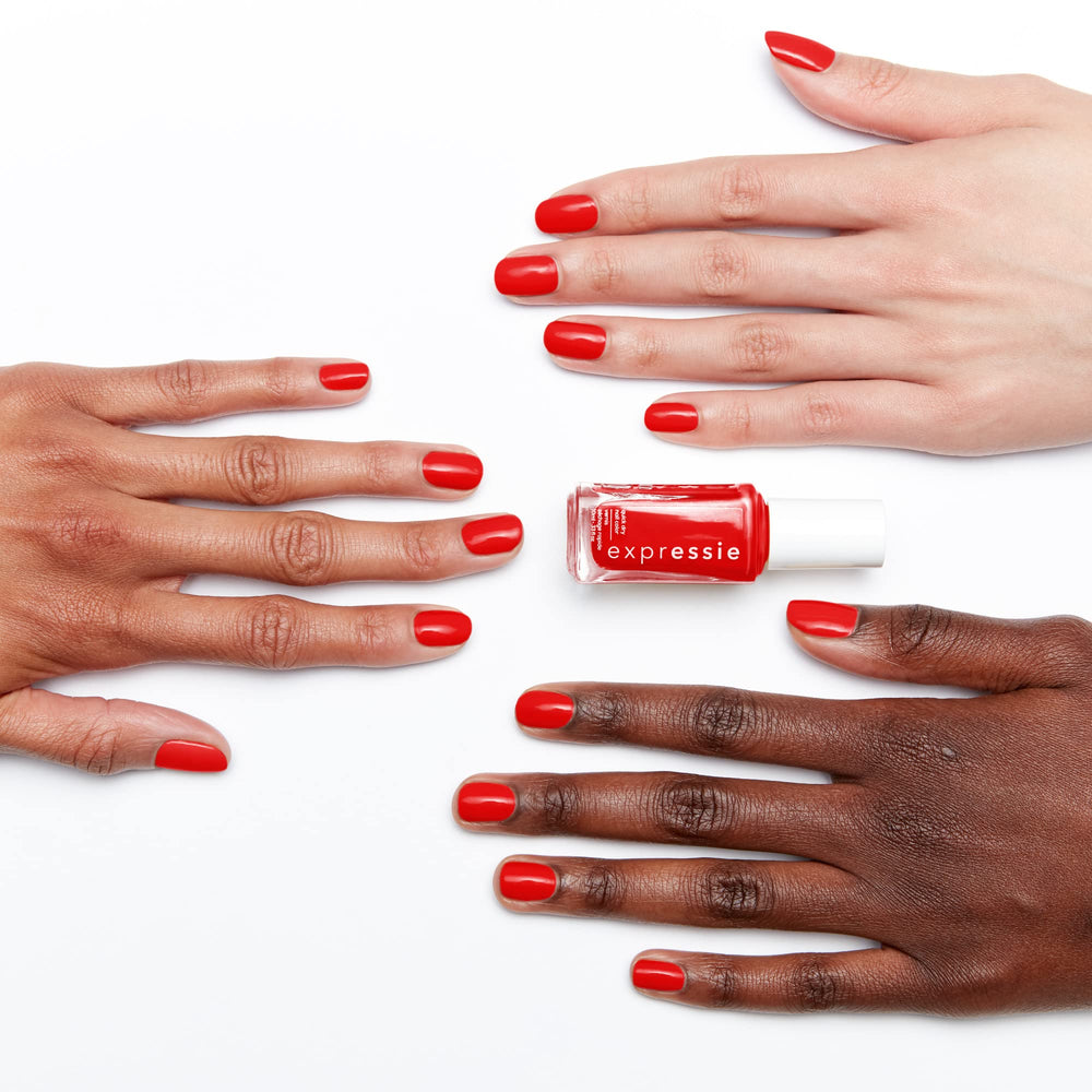 essie swatch on skin showing true red with black undertones for bold finish