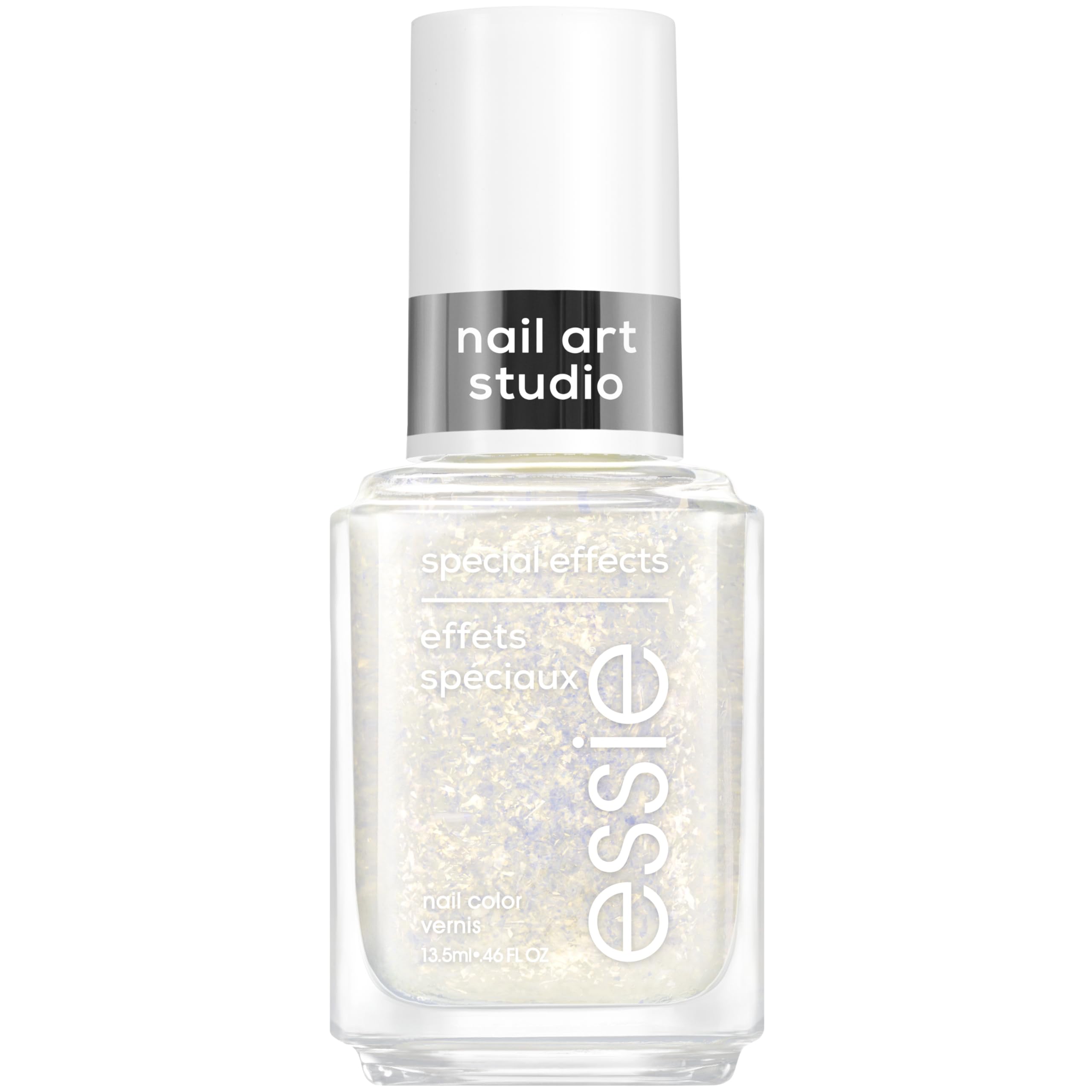 essie bottle front view showing gold flakey polish and label, enhances mani vibrancy