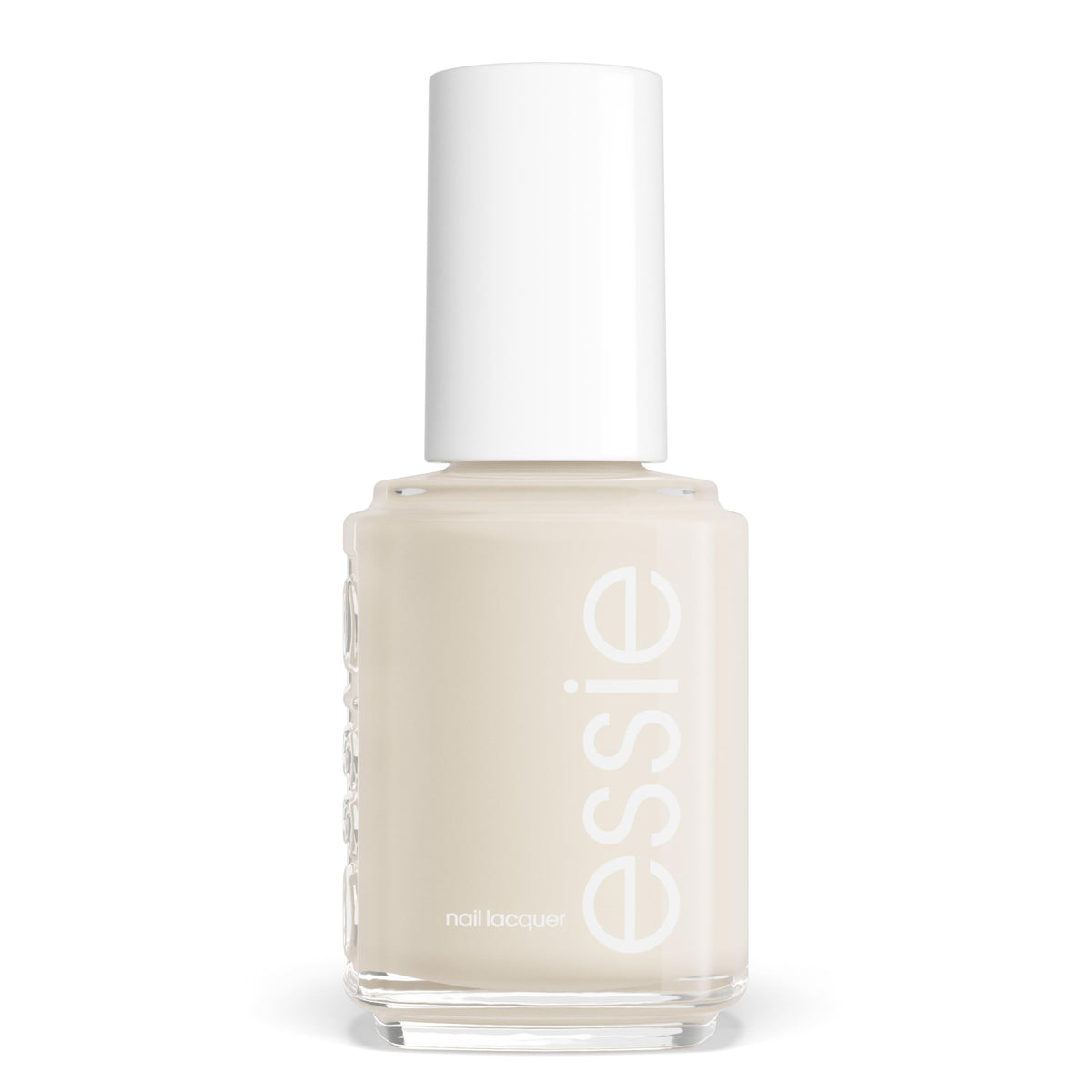 essie bottle front view showing dusty gray beige polish, polished look