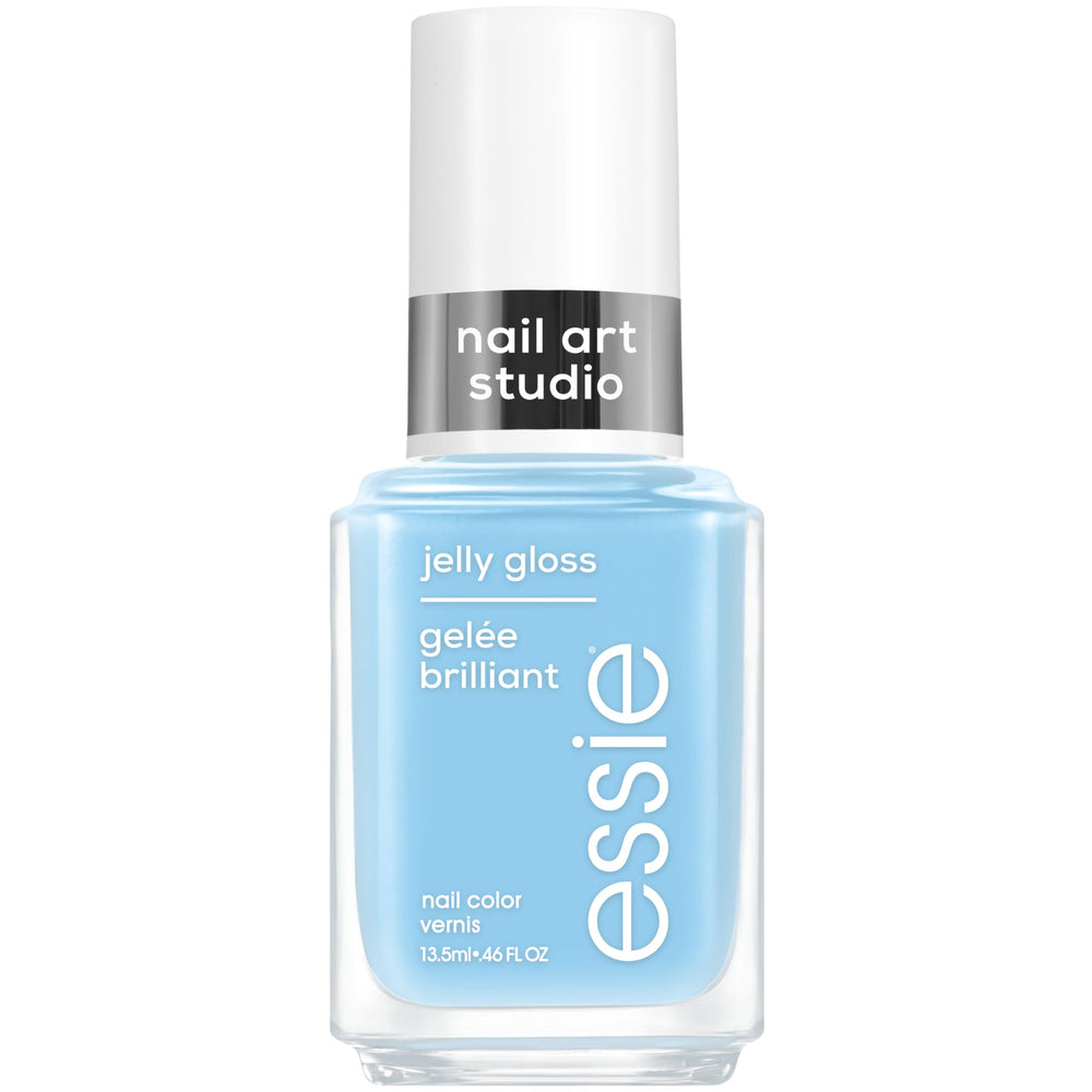 essie Sky Jelly front bottle view showing glossy blue finish and label benefit