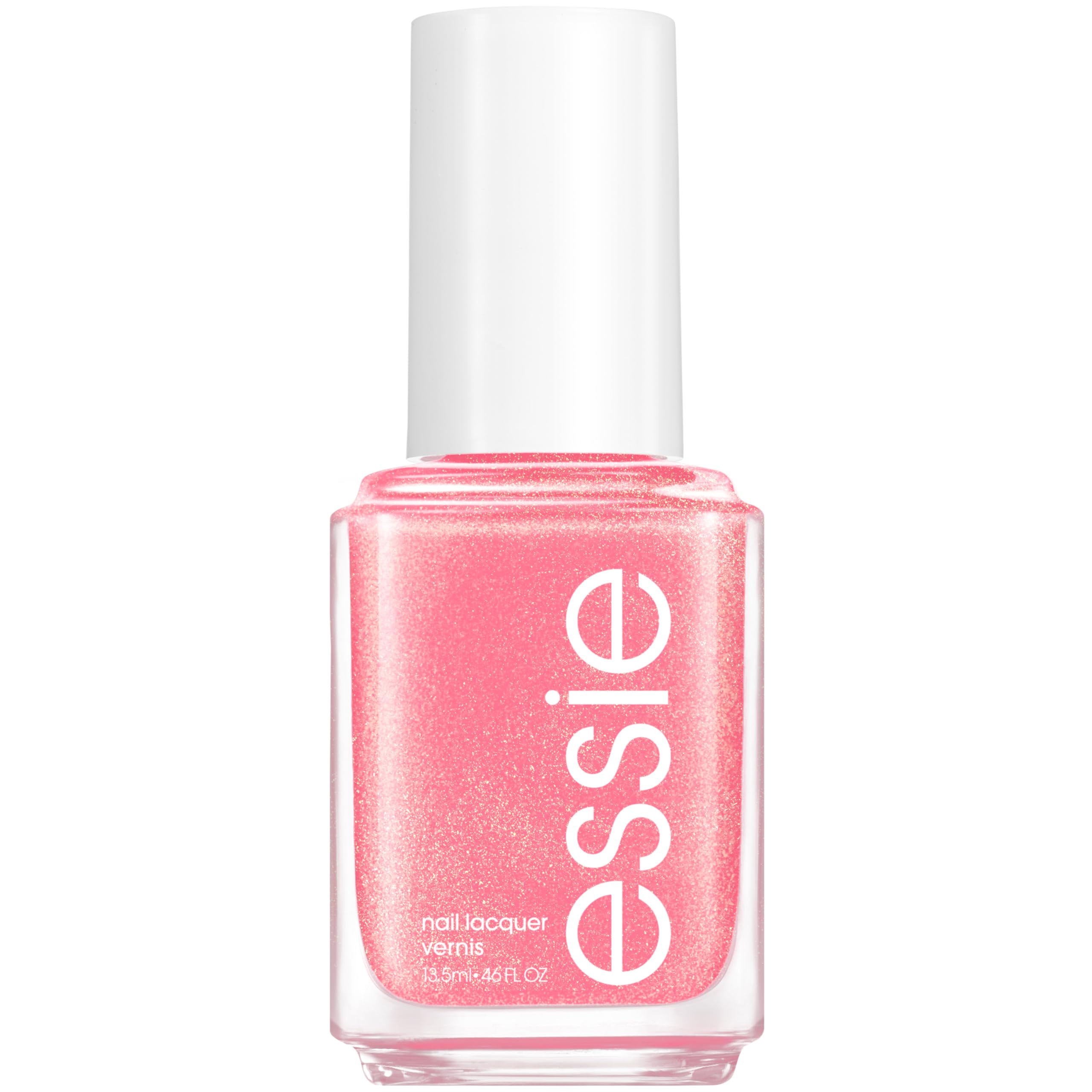 essie front bottle showing Spring Fling pink shimmer and easy application benefit