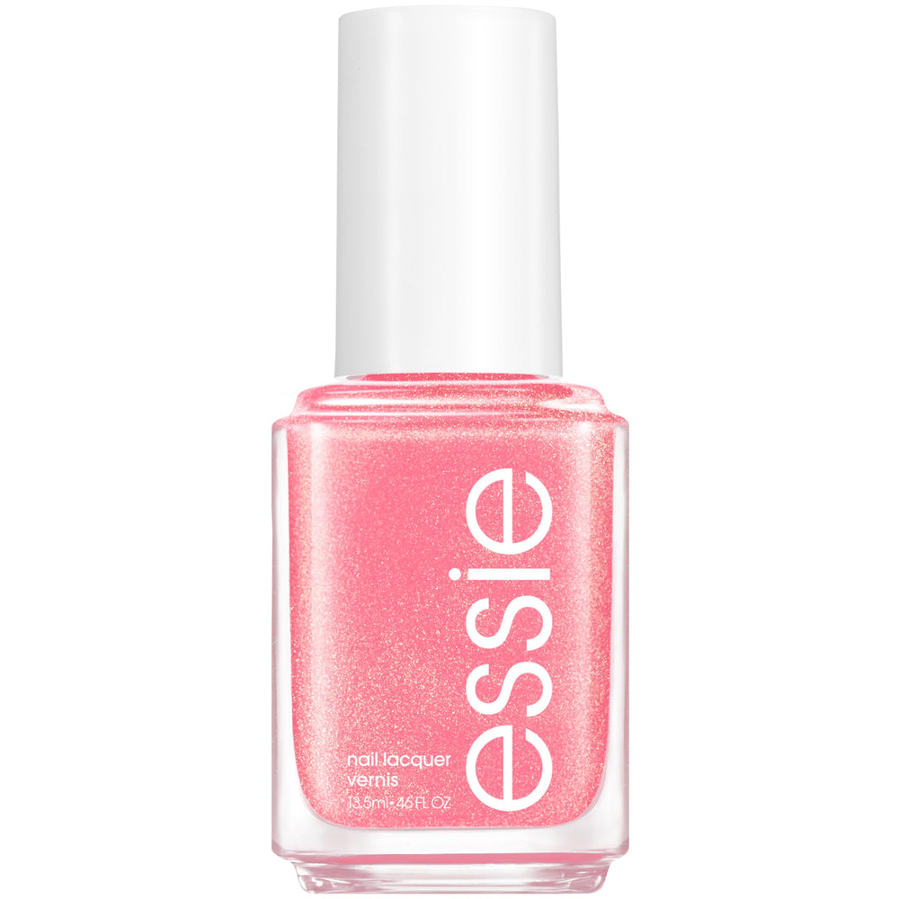 essie front bottle showing Spring Fling pink shimmer and easy application benefit