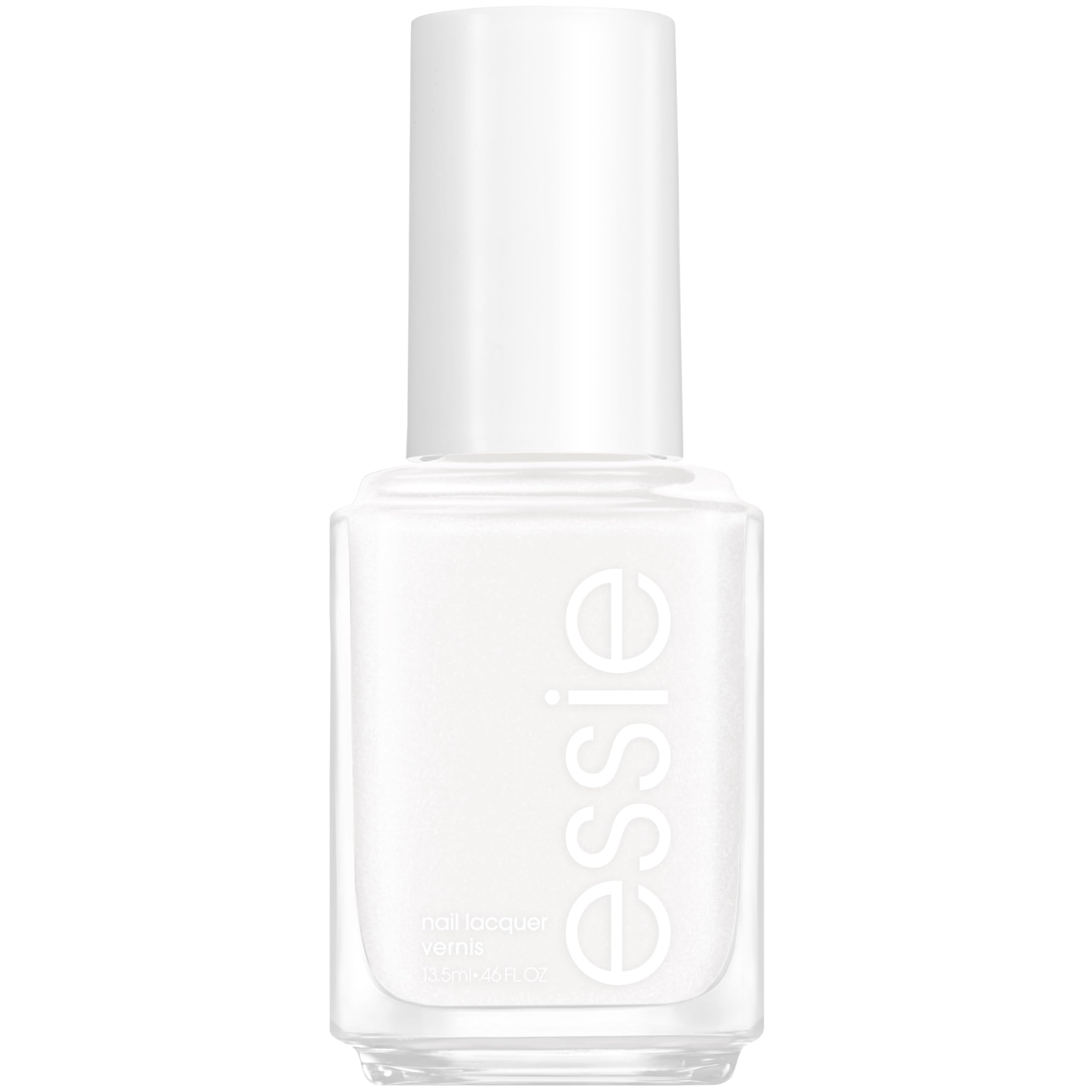 essie bottle front view showing glossy white pearl polish and brand
