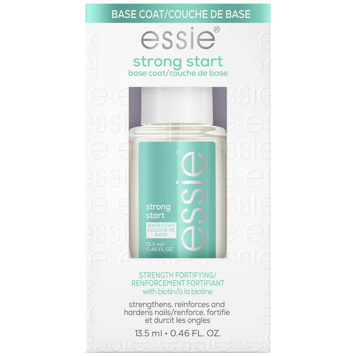 essie bottle front view showing clear strengthening base coat benefit