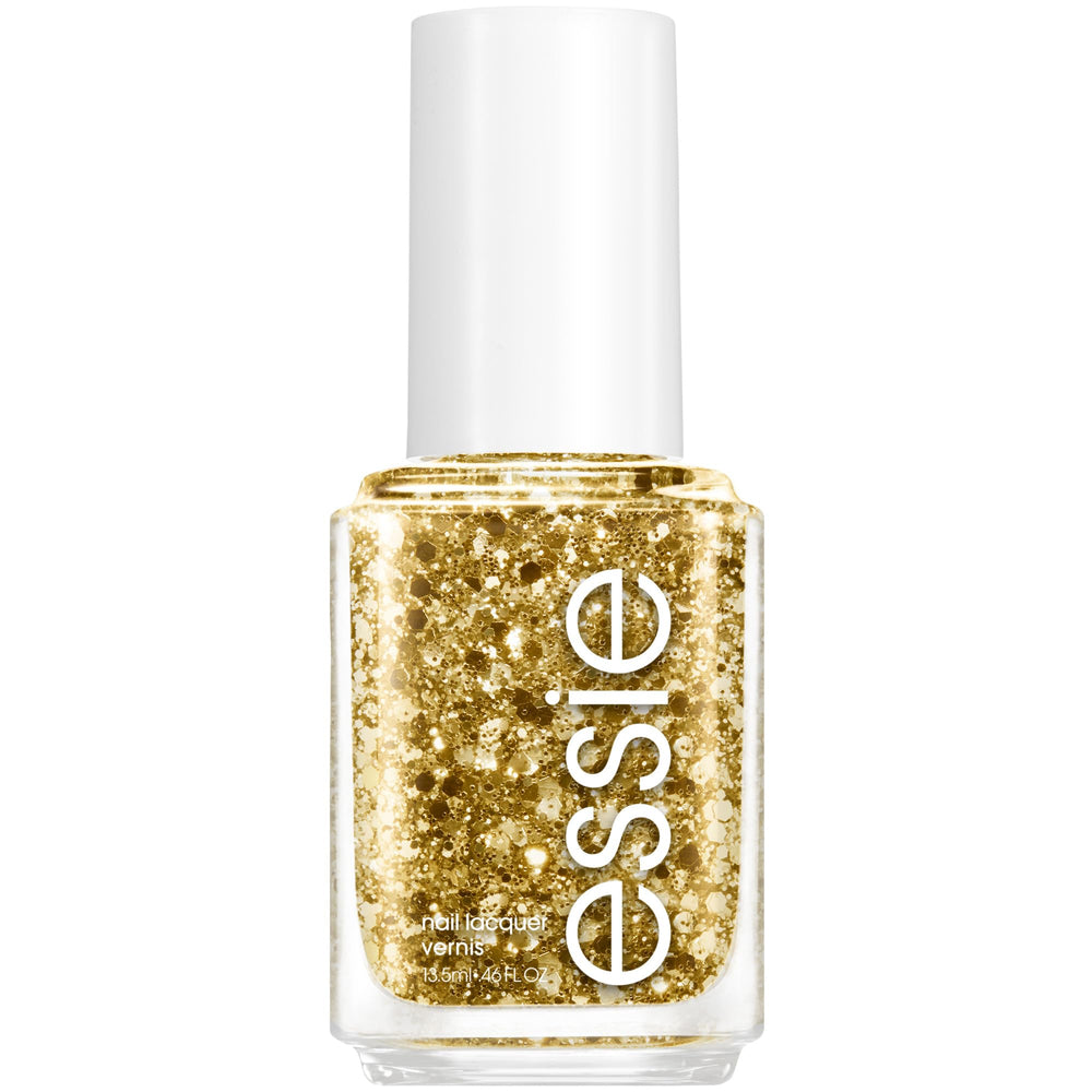 essie bottle front view showing gold glitter polish and glossy finish
