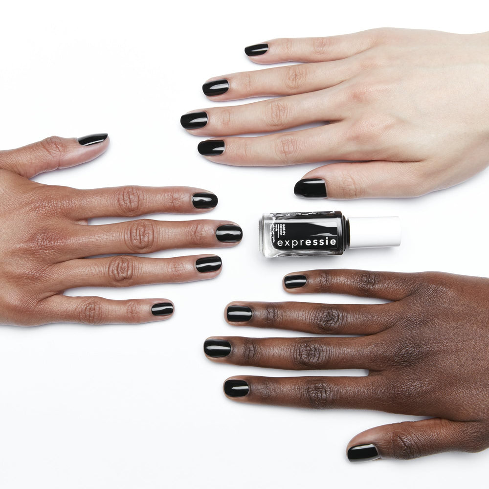 essie black swatch on skin showing true opaque color payoff