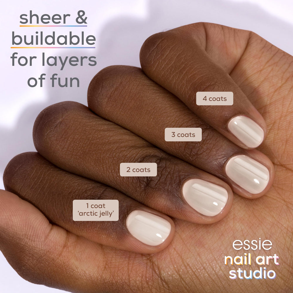 essie swatches on fingers displaying sheer-to-buildable finish benefit
