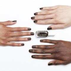 essie color swatch on nail tip showing rich dark chocolate brown coverage