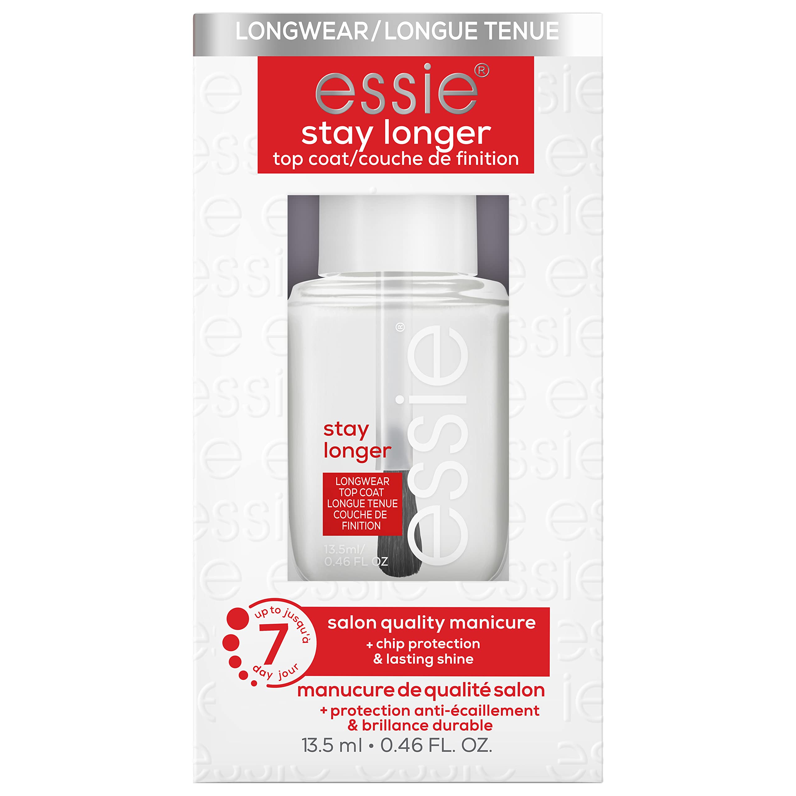 essie top coat front bottle showing label and glossy finish benefit
