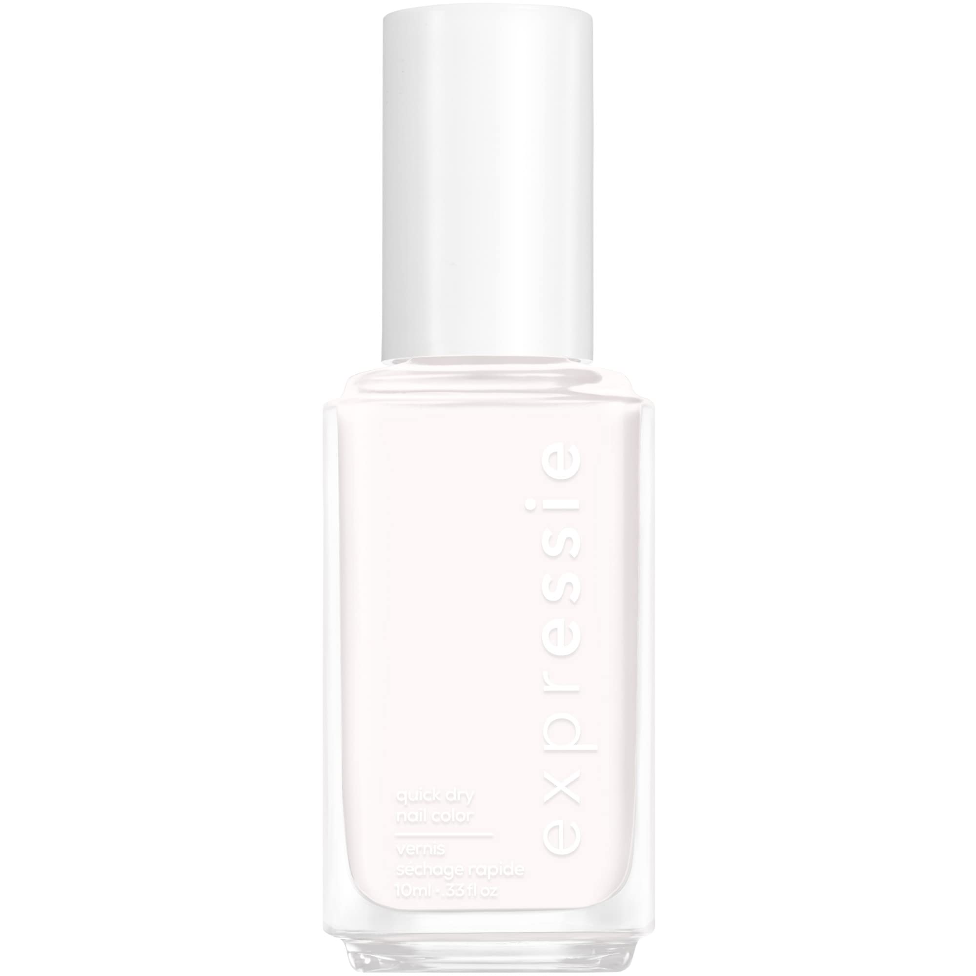 essie bottle front view showing white polish and compact size for travel convenience