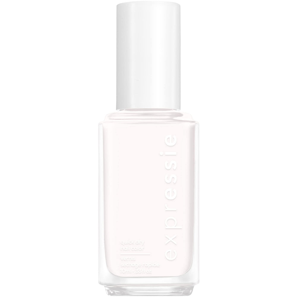 essie bottle front view showing white polish and compact size for travel convenience