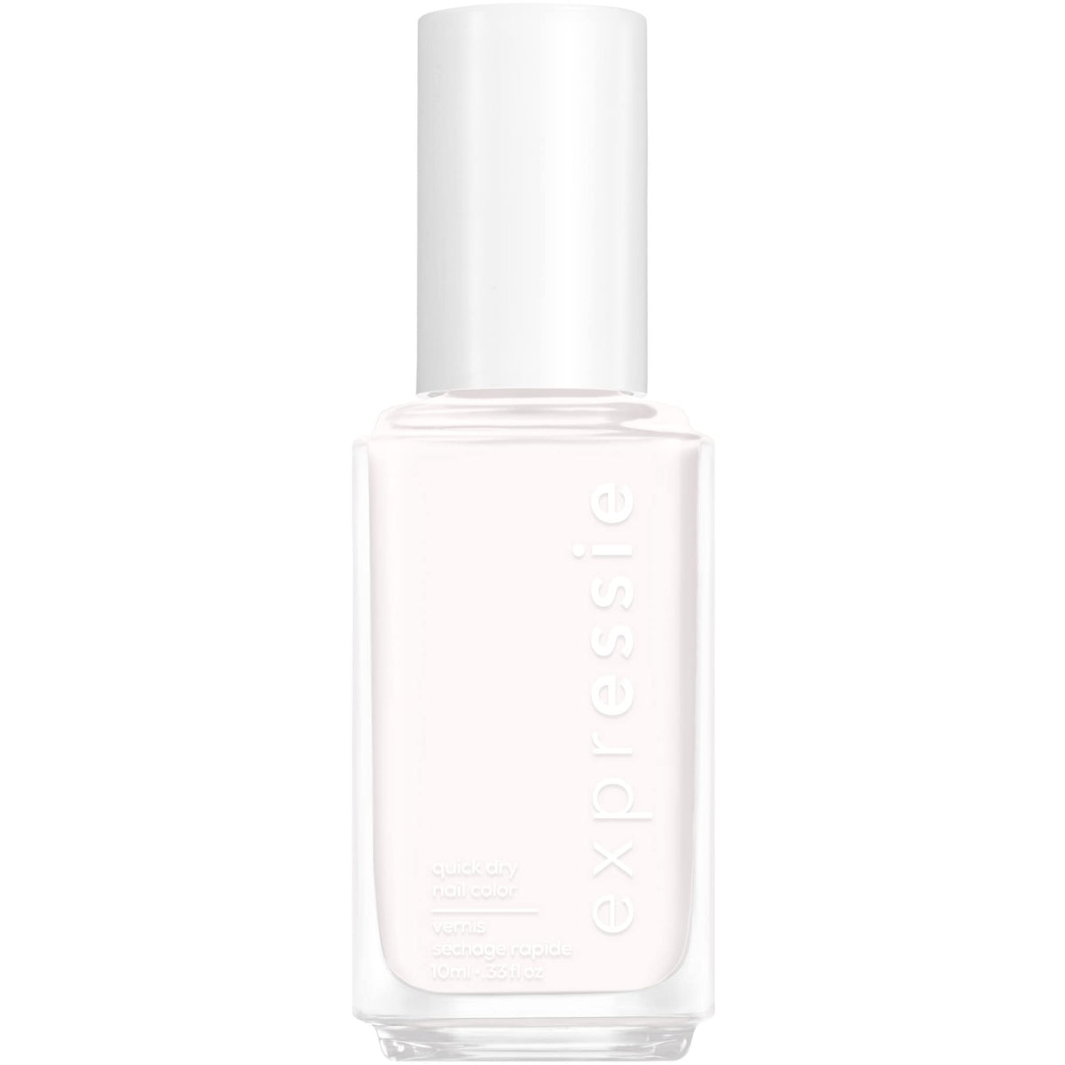 essie bottle front view showing white polish and compact size for travel convenience