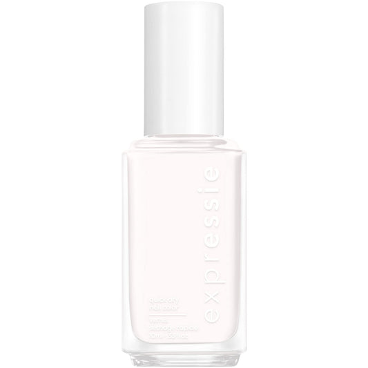 essie bottle front view showing white polish and compact size for travel convenience