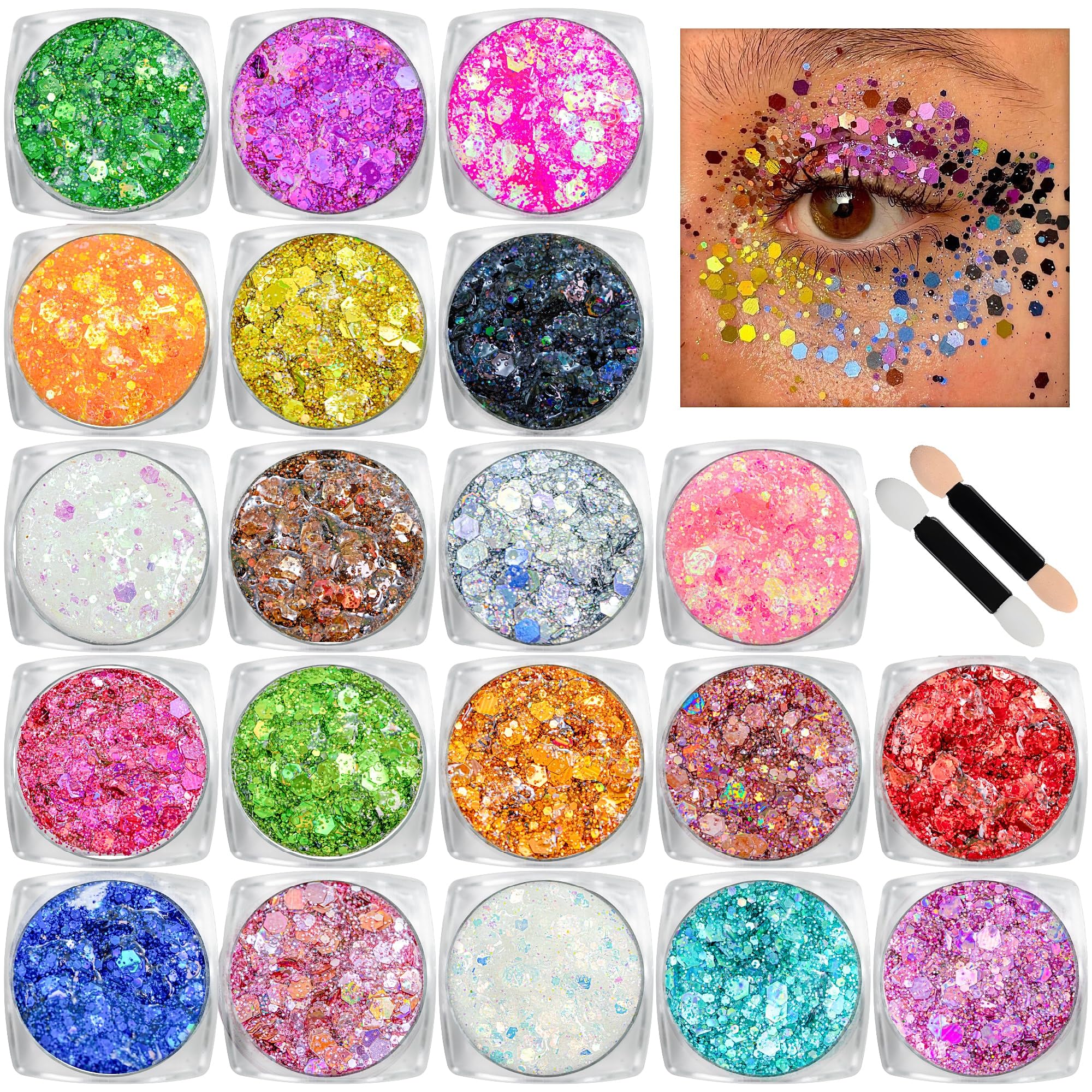 Estanoite front packaging showing 20 glitter gel pots and vibrant variety benefit