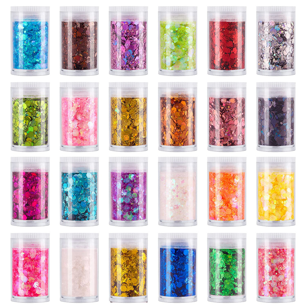Estanoite front packaging showing 24 holographic glitter colors for creative looks