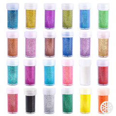 Estanoite front packaging showing 24 glitter shakers and color variety for craft convenience