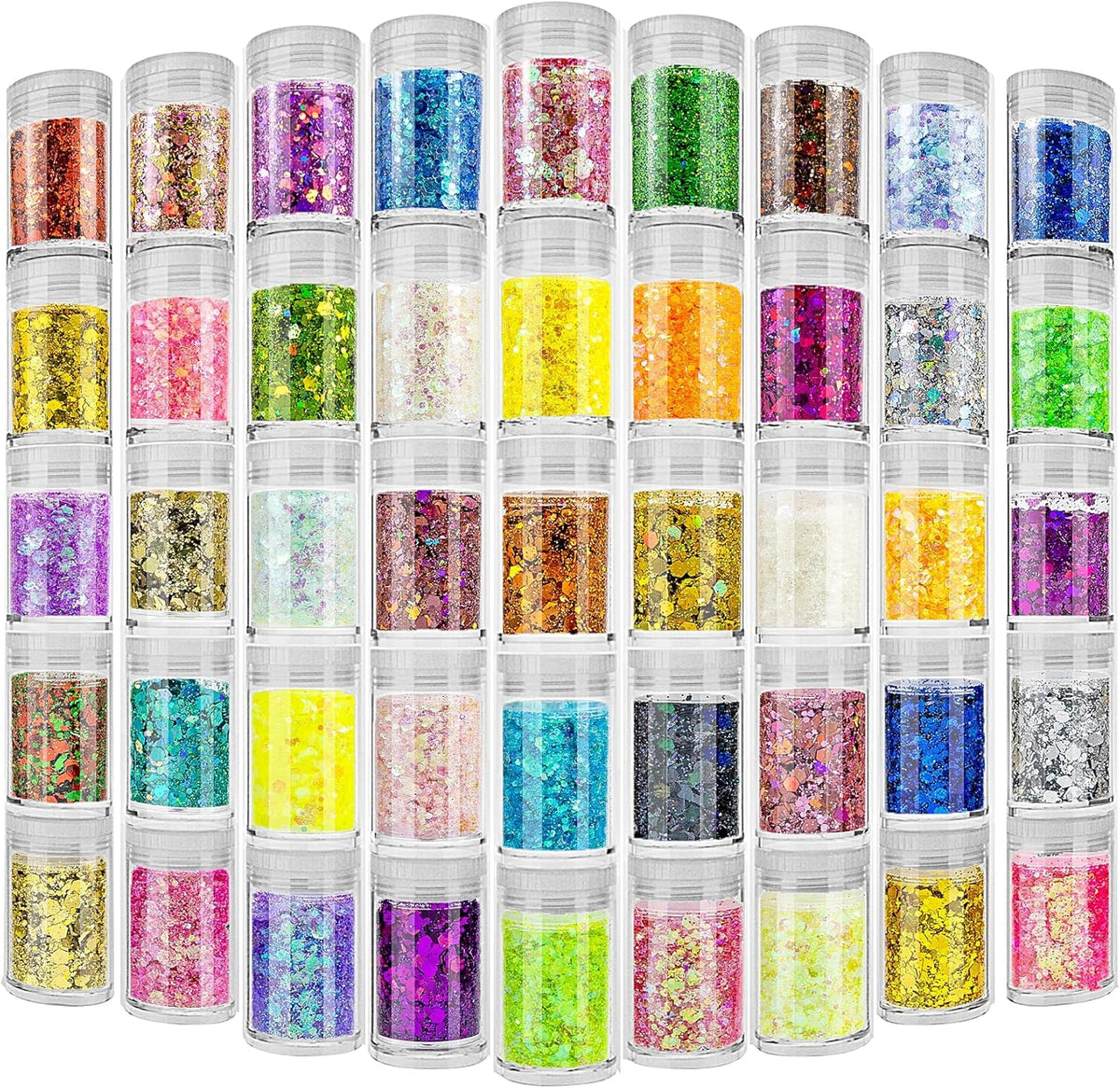 Estanoite front packaging showing 45 sealed glitter jars and organized palette benefit