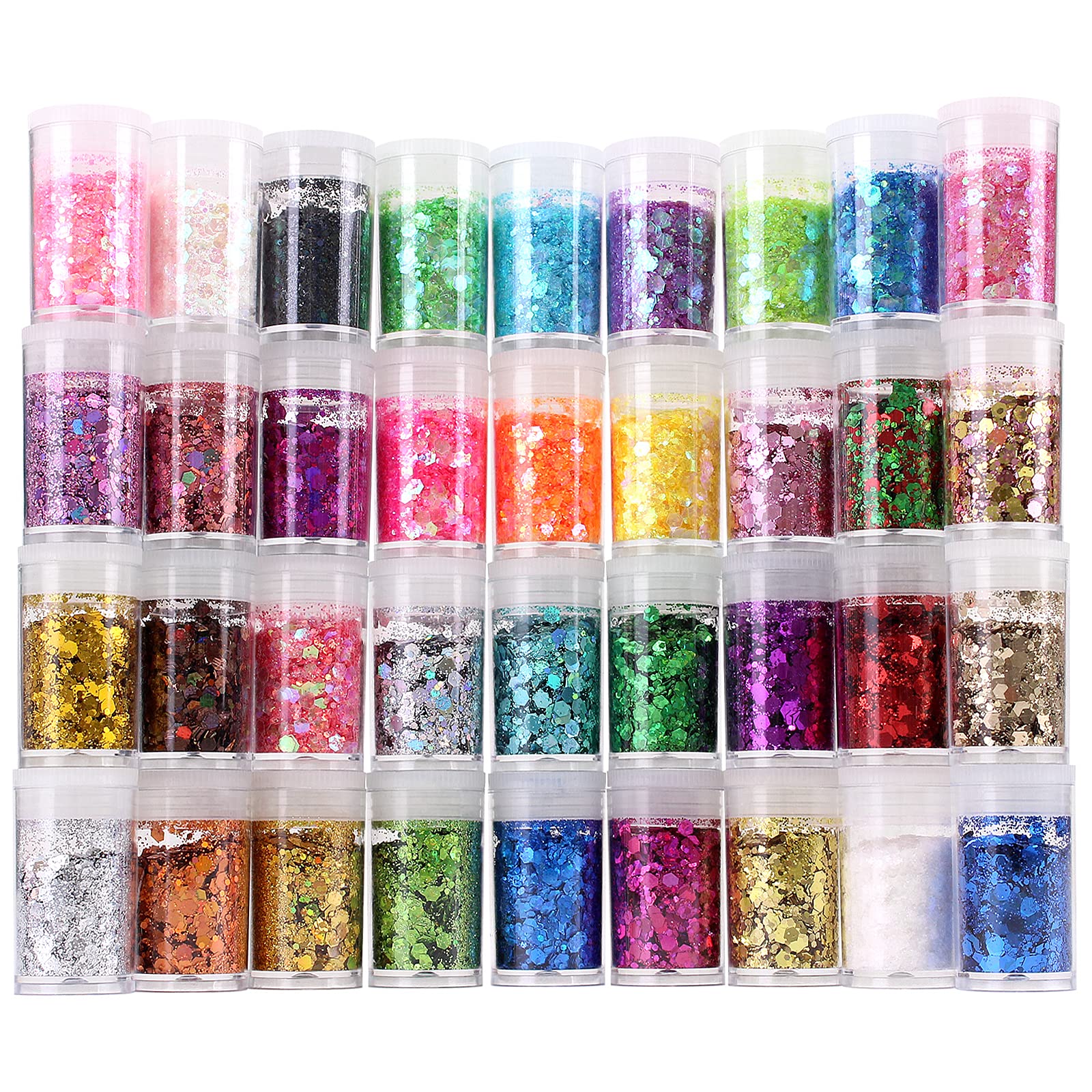 Estanoite front packaging showing 36 clear sealed glitter bottles for organized use