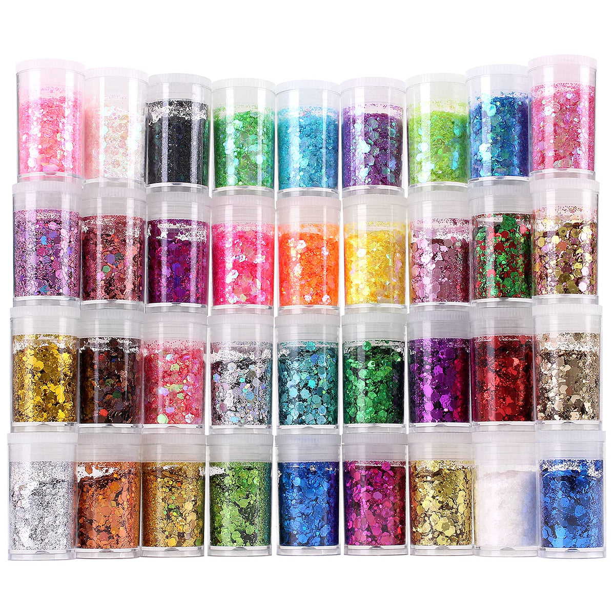 Estanoite front packaging showing 36 clear sealed glitter bottles for organized use