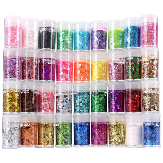 Estanoite front packaging showing 36 clear sealed glitter bottles for organized use