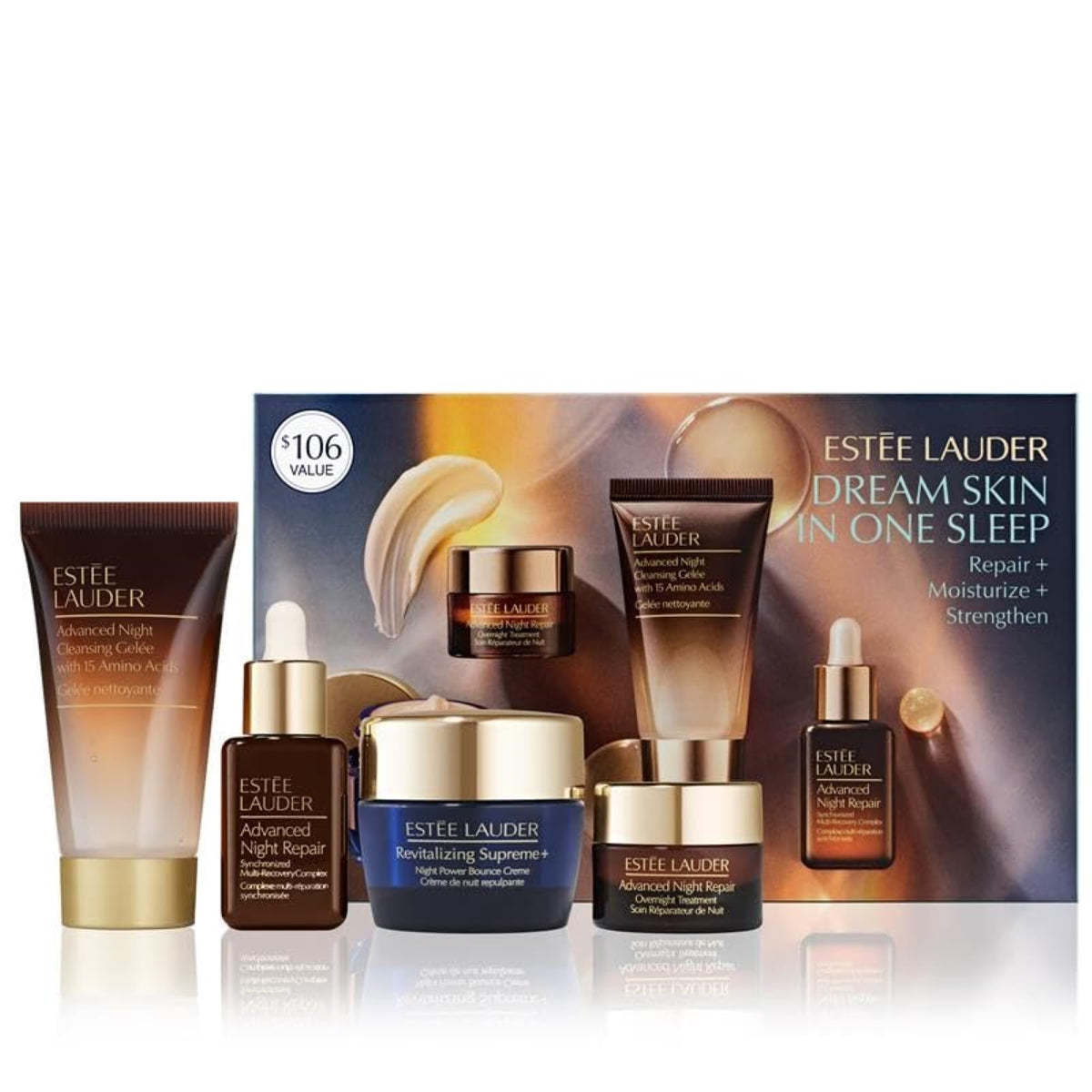 Estée Lauder front packaging showing four travel-size nighttime products for easy gifting