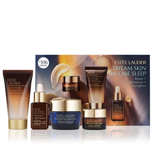 Estée Lauder front packaging showing four travel-size nighttime products for easy gifting