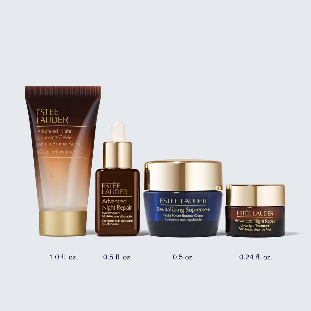 Estée Lauder travel kit styled on vanity for convenient nighttime routine while traveling