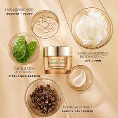 Estée Lauder ingredient display with hibiscus and moringa for natural efficacy