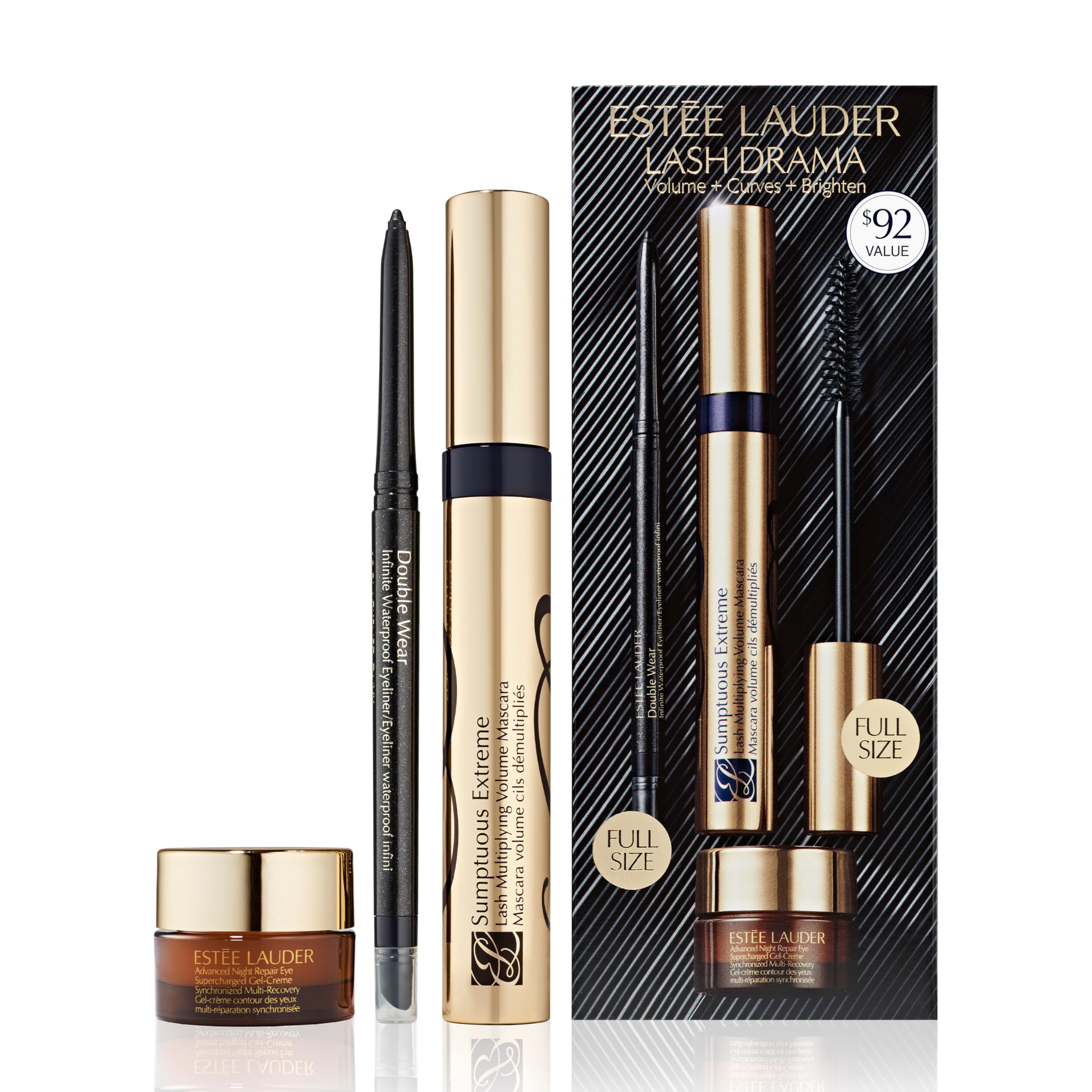 Estée Lauder front packaging of the Lash Drama gift set showing complete trio and gifting appeal