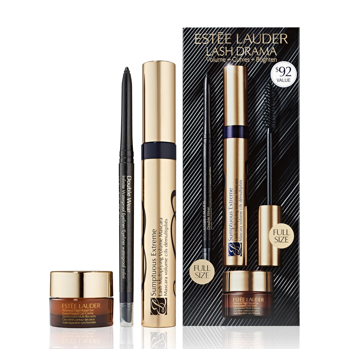 Estée Lauder front packaging of the Lash Drama gift set showing complete trio and gifting appeal