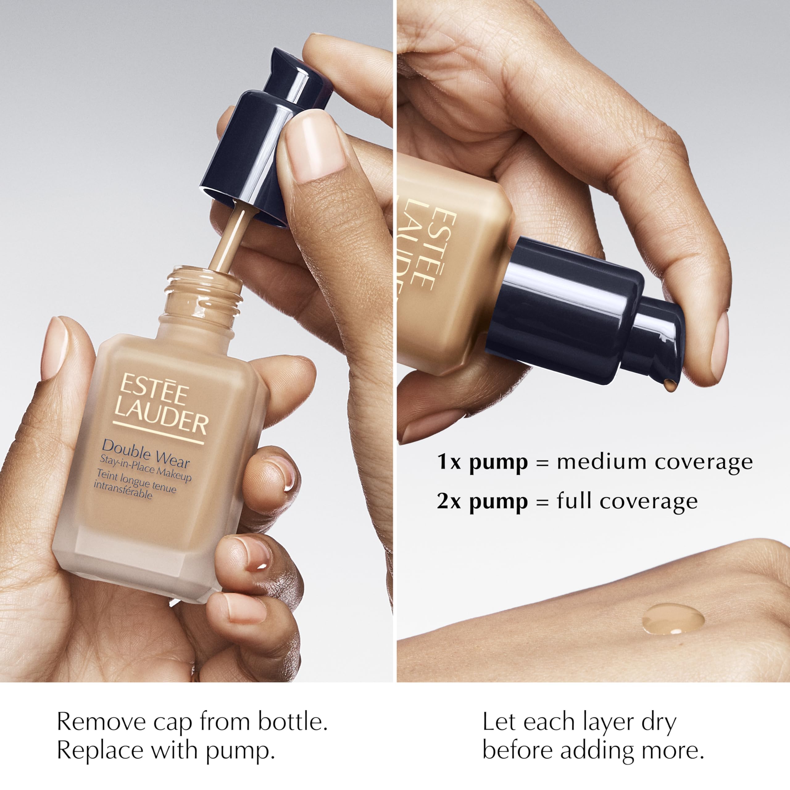 Estée Lauder pump dispensing foundation onto sponge for controlled, mess-free application