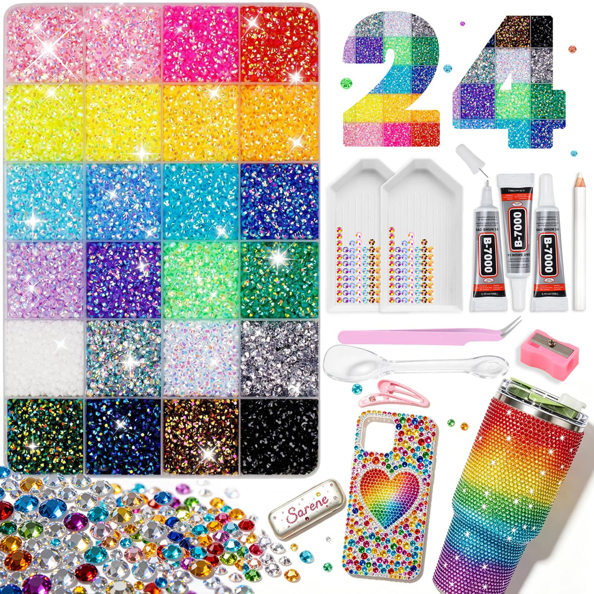 ESUOHYM front packaging showing full bedazzling kit and tools for easy gifting