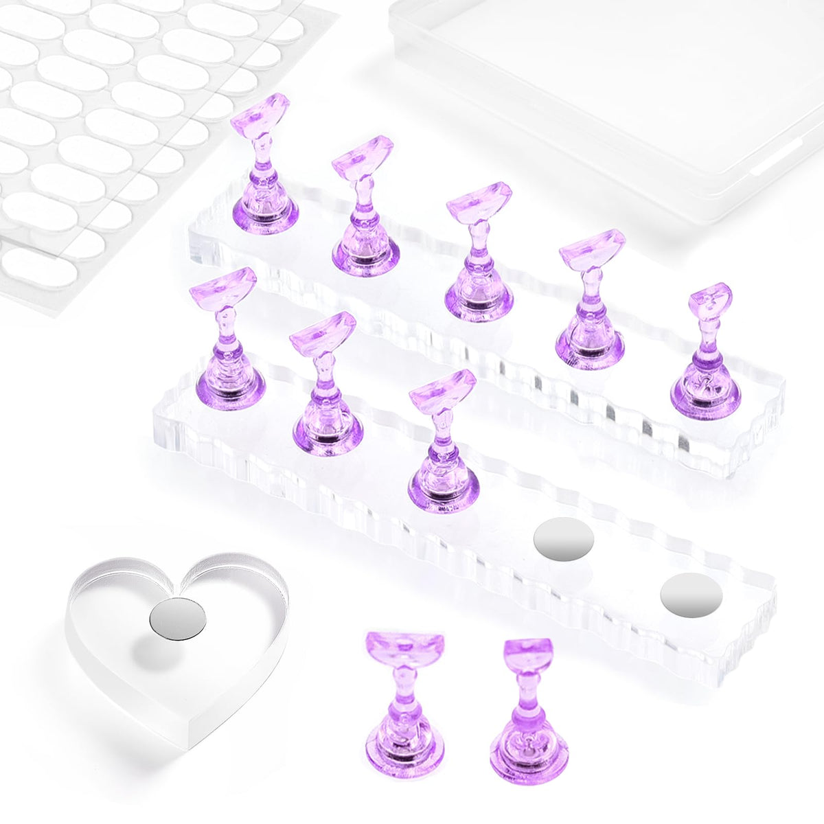 ESUOHYM front view of clear and purple acrylic stands shows professional setup benefit