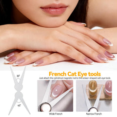 ESUOHYM scissor French magnet held over nail to form curved tip delivering neat French results