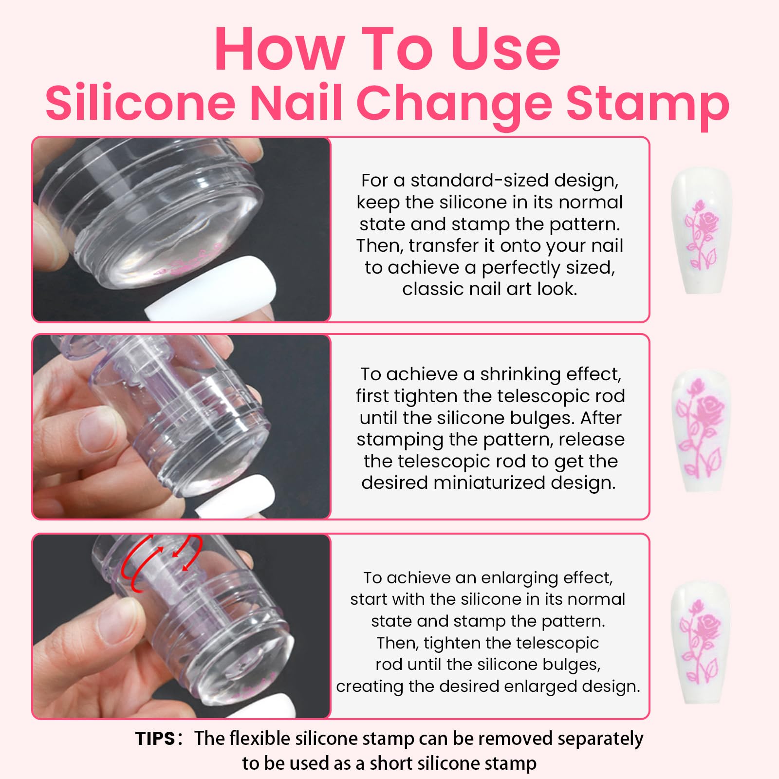 ESUOHYM stamper in use on nail illustrating quick transfer and neat French tip result