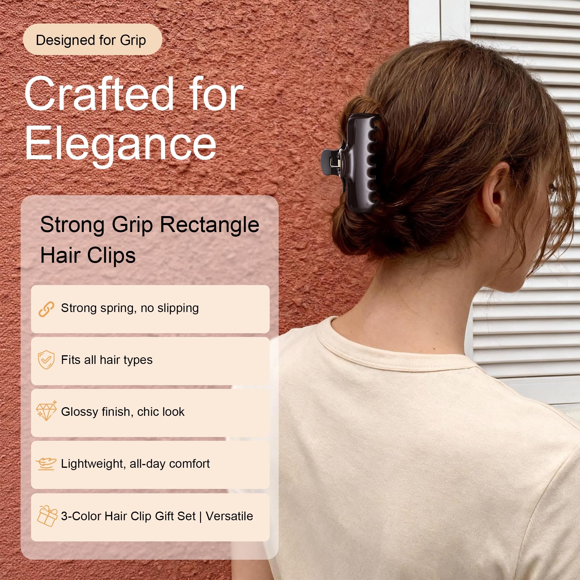 ETANEAR clip securing a bun on model, demonstrating comfortable all-day wear
