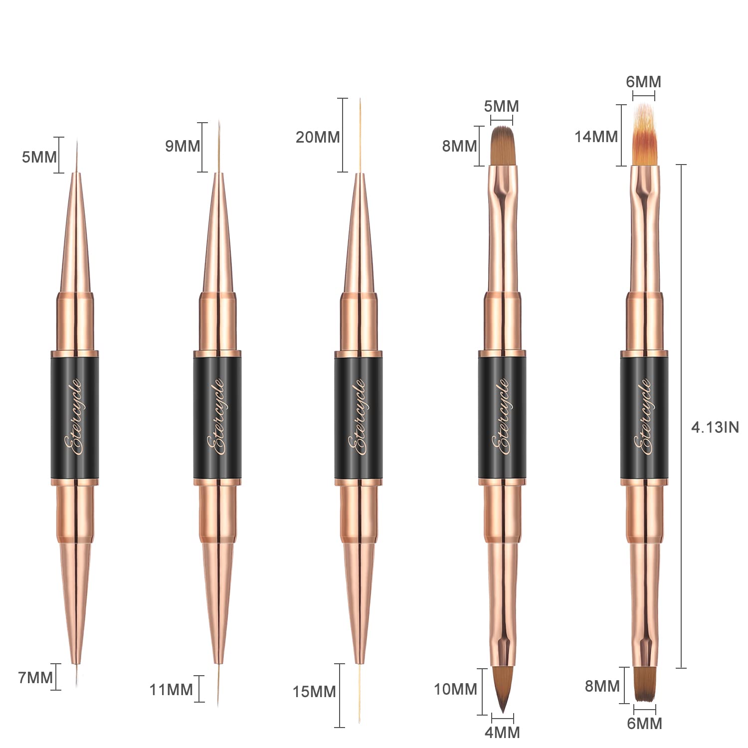 Etercycle brush ends labeled to show five brush heads for versatile designs