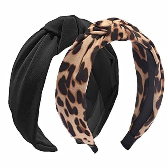 Etercycle front view of both black and leopard headbands, easy outfit upgrade
