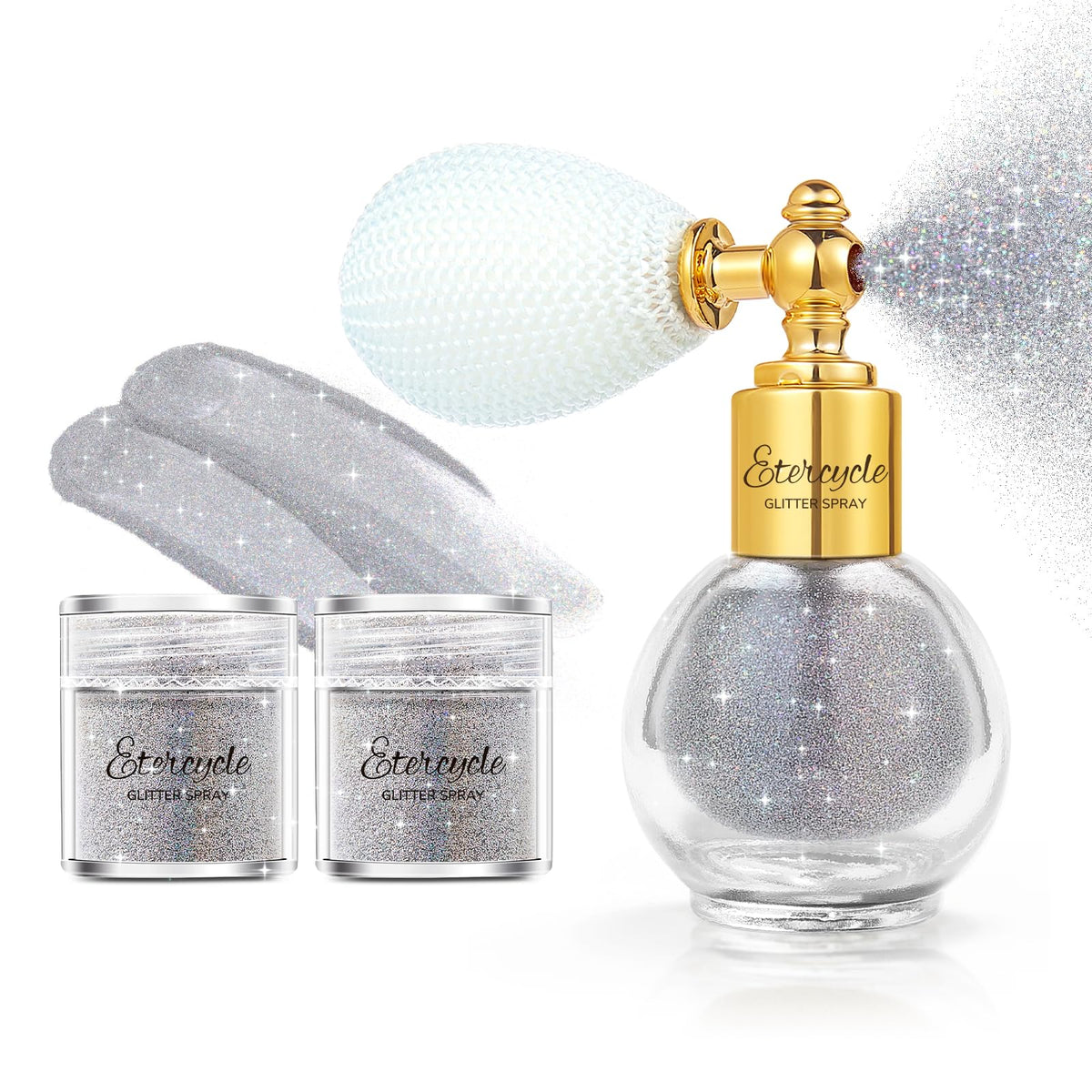 Etercycle front packaging showing silver glitter and compact bottle for easy travel