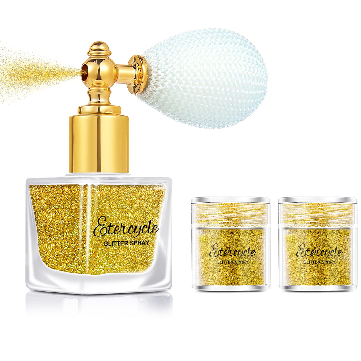 Etercycle front packaging showing gold glitter bottle and label for easy use