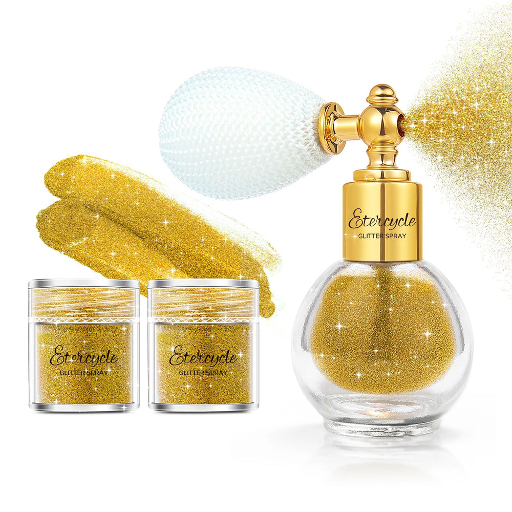 Etercycle gold glitter spray front bottle showing compact refillable design and portability