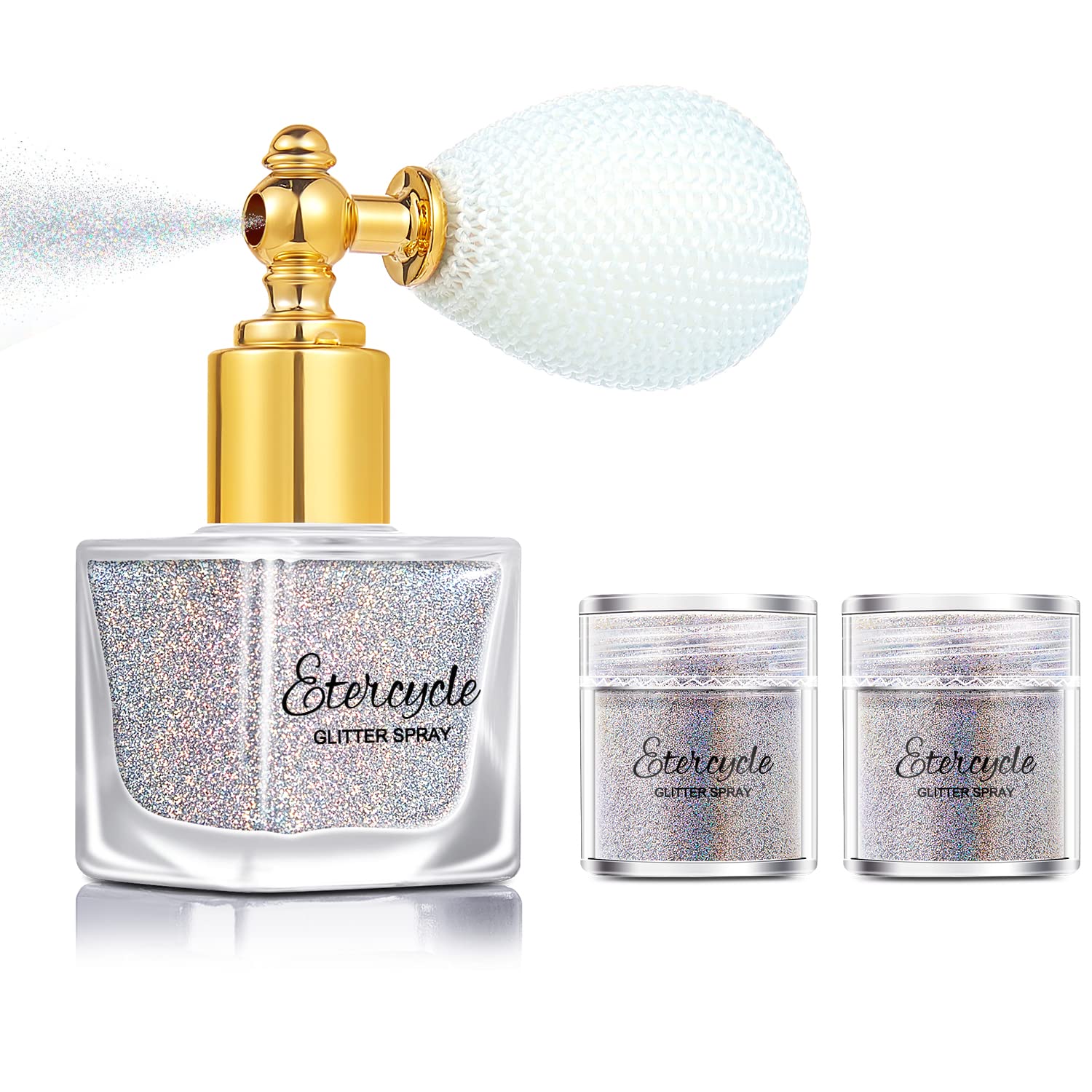 Etercycle front packaging showing spray bottle and silver shimmer, easy portable sparkle