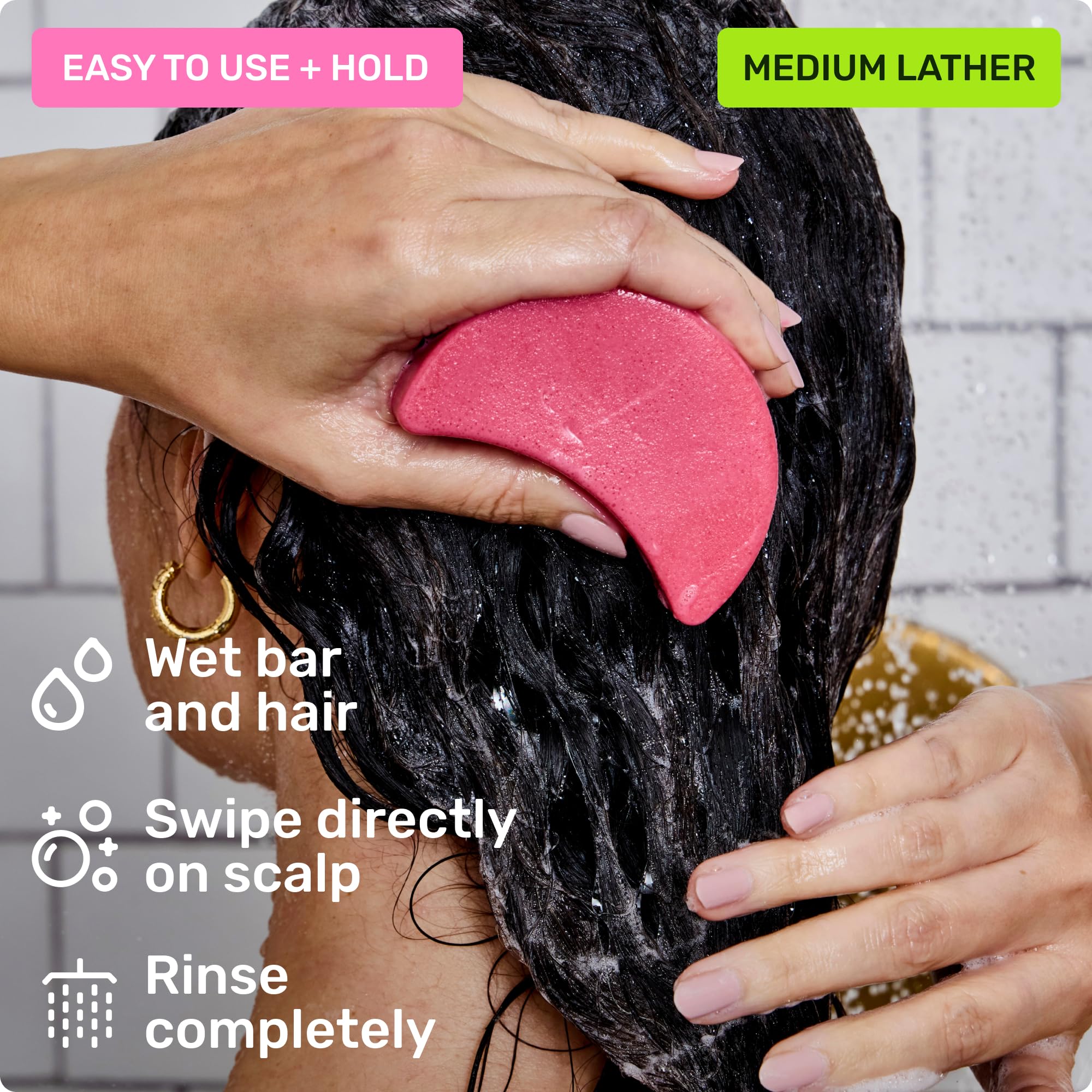 Ethique shampoo bar wet in shower showing foaming action and easy rinse