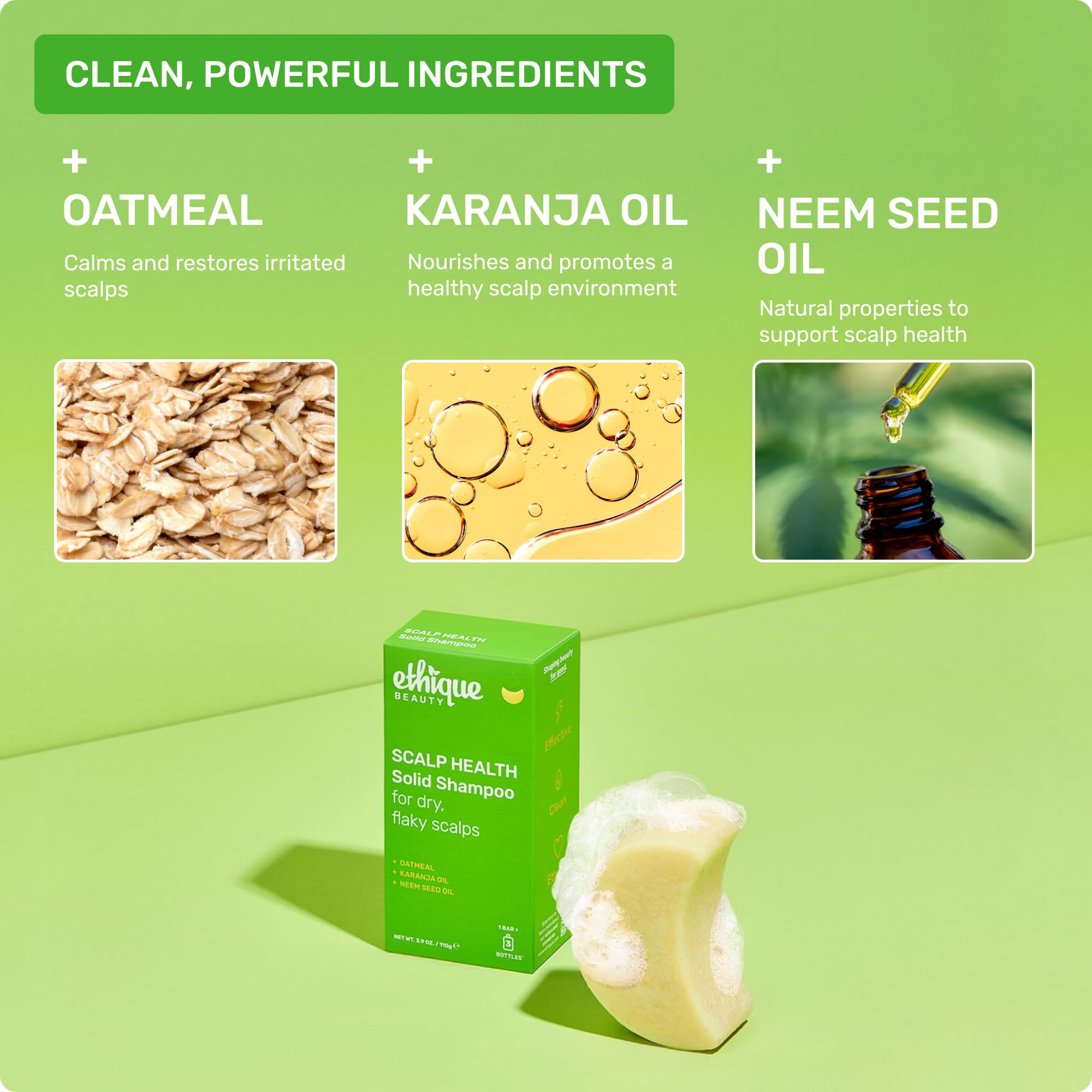 Ethique ingredients shot with oatmeal and oils showing calming benefits