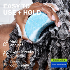 Ethique shampoo bar on bathroom shelf showing tidy, eco-friendly storage