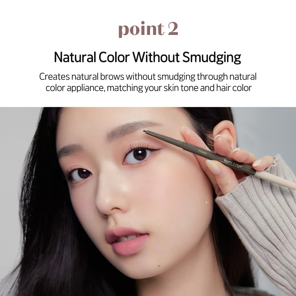 ETUDE bare edge brow pencil applied on model for natural-looking defined brows
