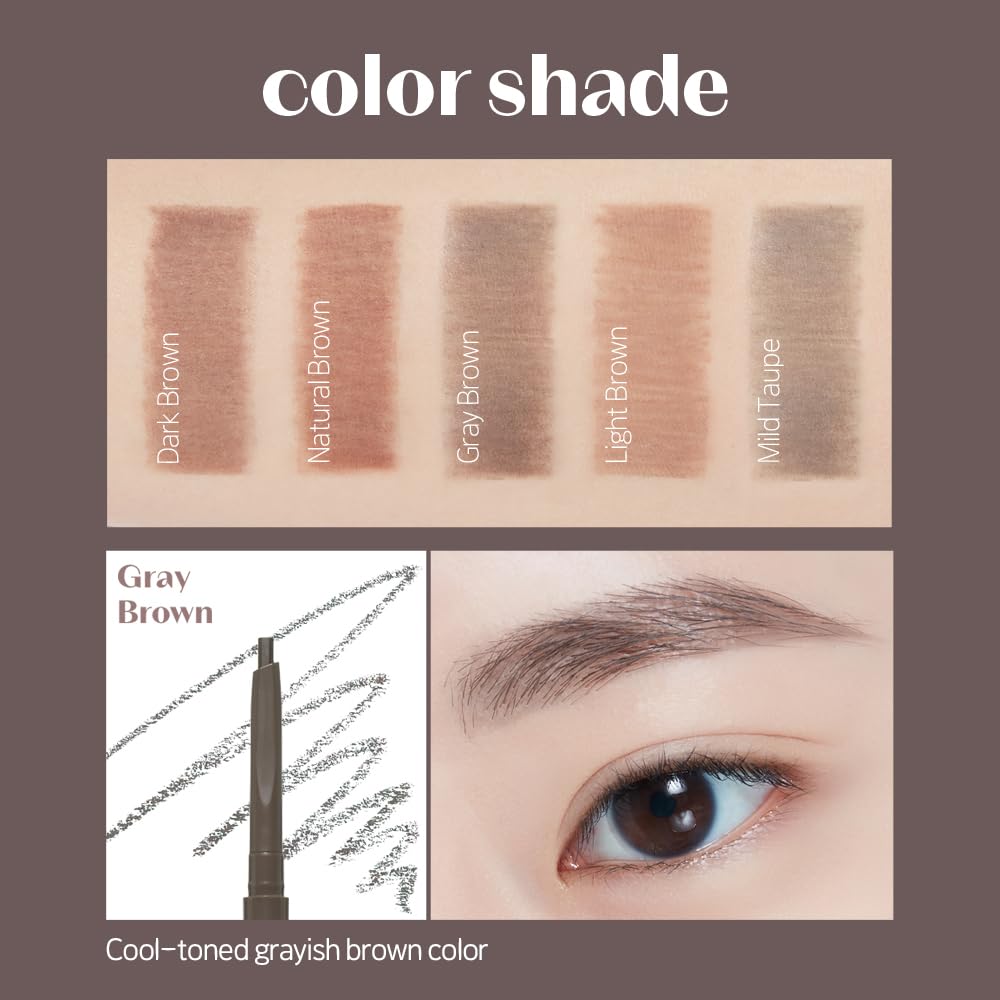 ETUDE textured stroke demo of pencil showing buildable, natural-looking brow color